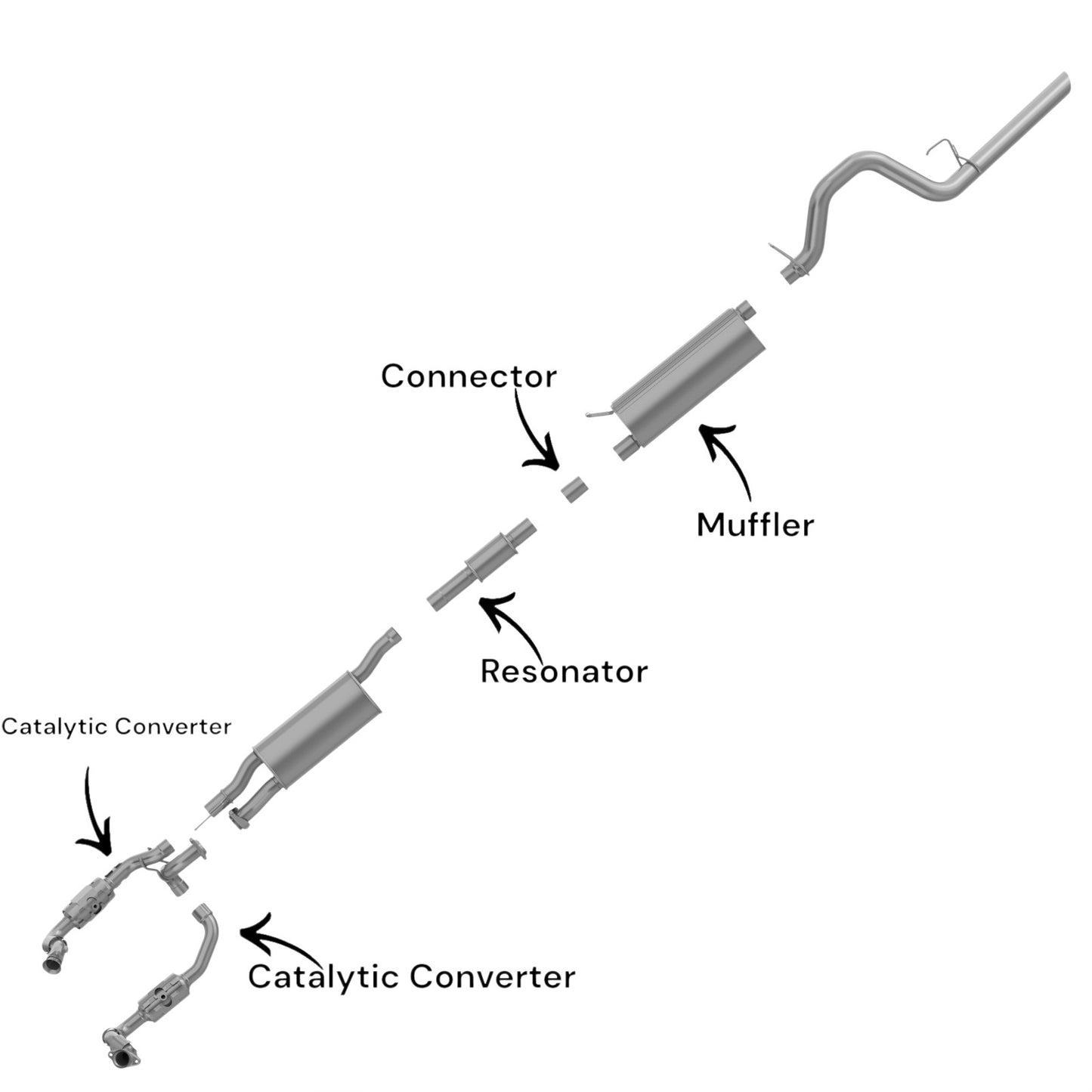 Ford F-350 Super Duty 6.2L (2011-2017) (Extended Cab Pickup) (Long Bed) Right And Left Side Catalytic Converter, Resonator With Connector And Muffler