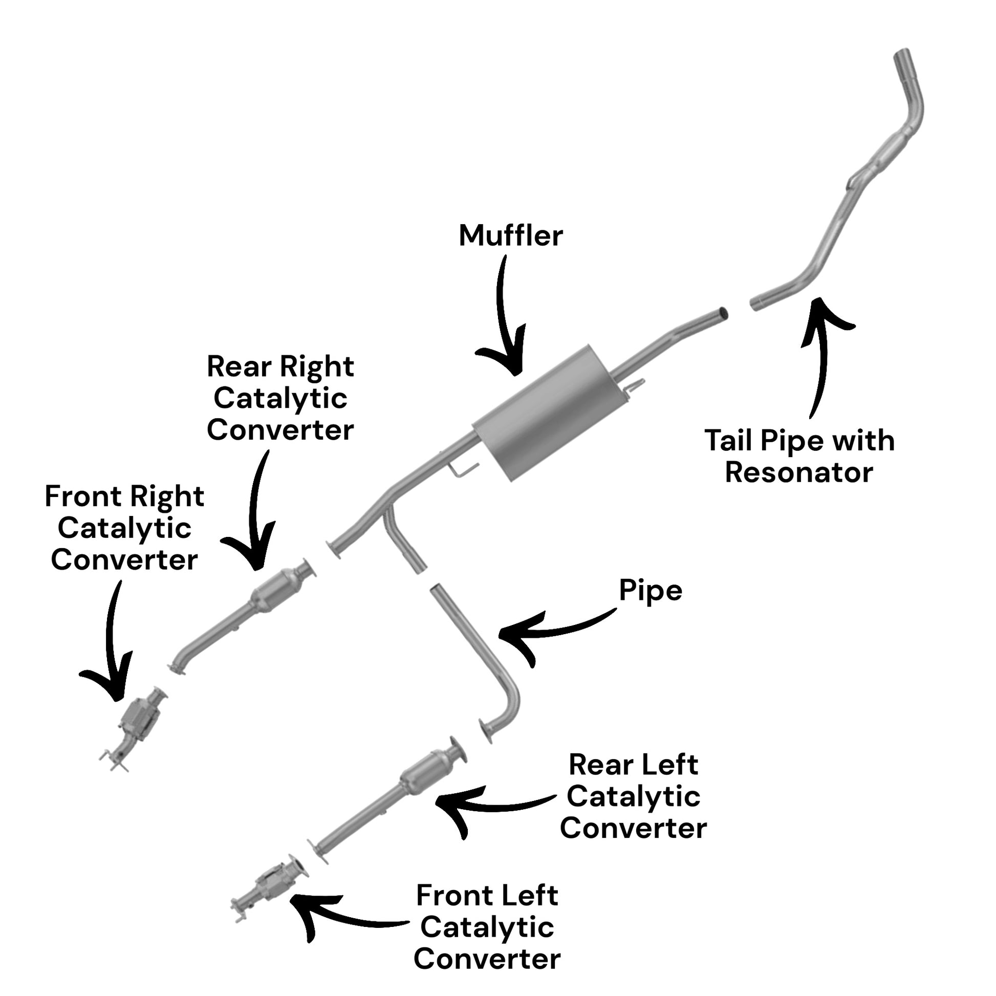 Suzuki Equator 4.0L (125.9in Wheelbase) (2009-2012) Catalytic Converters (Set of Four), Pipe,  Muffler and Resonator
