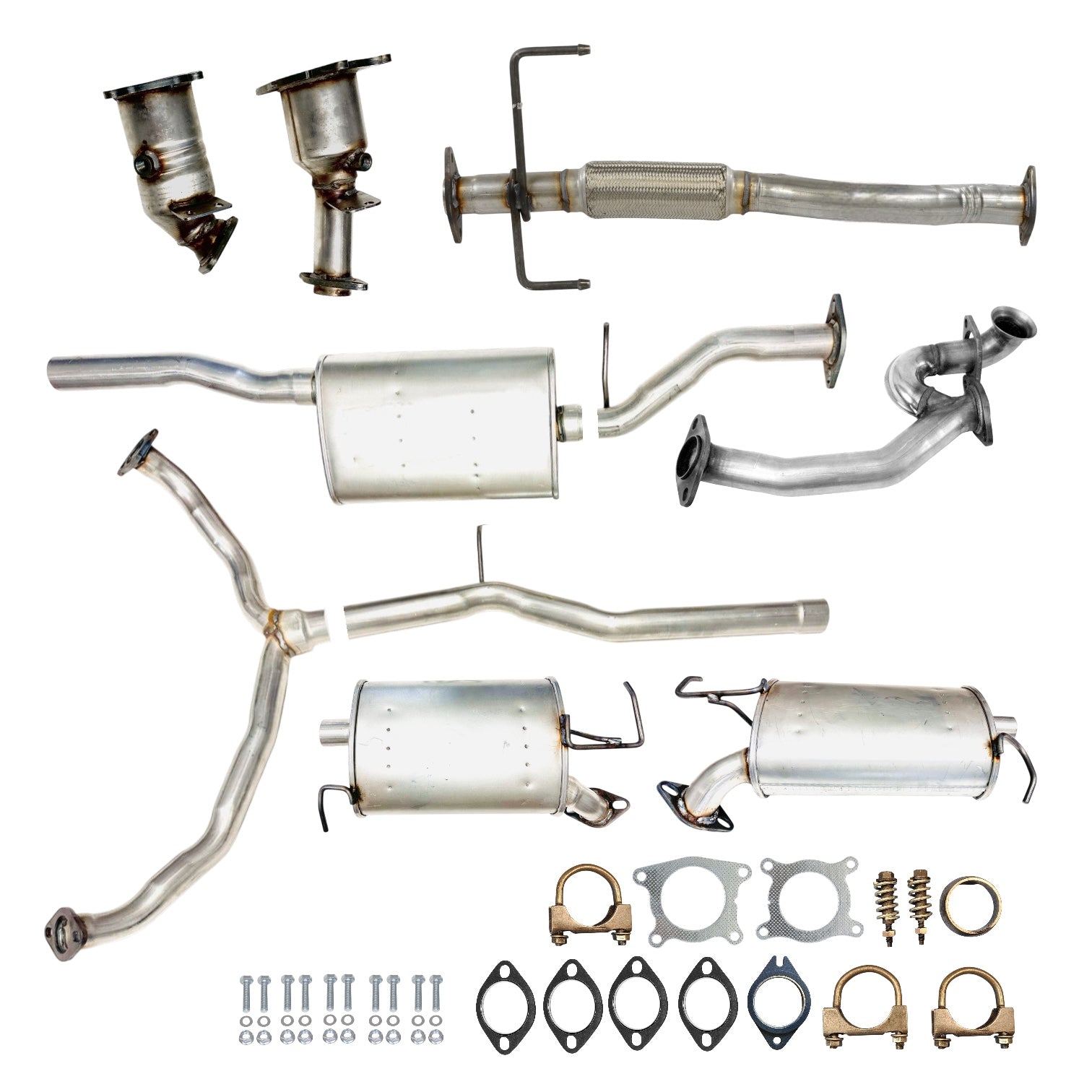 Mazda CX-9 3.5L (2007) Right & Left Catalytic Converters, Front Y-Pipe, Flex Pipe, Resonator, Rear Y-Pipe And Right & Left Mufflers