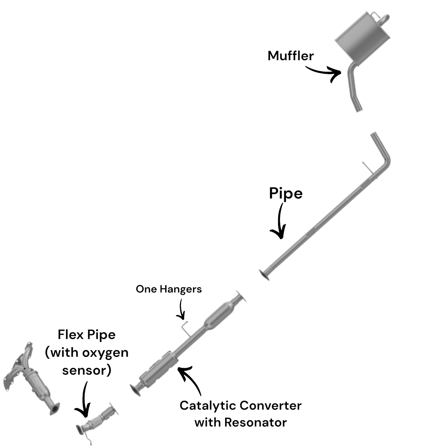 Hyundai Sonata 2.4L (2011-2014) (Non-Hybrid) (With Sport Package) Flex Pipe (with Oxygen Sensor), Catalytic Converter with Resonator (with on hanger), Pipe and Muffler