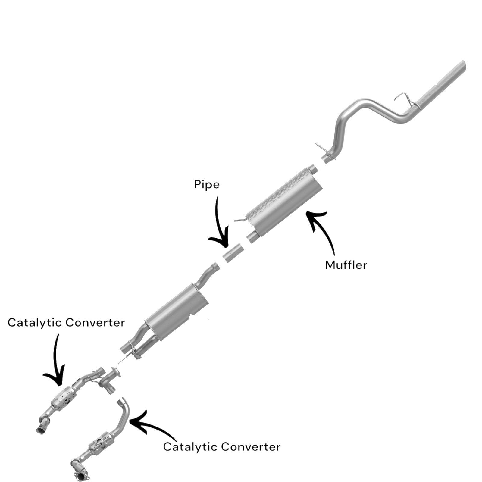 Ford F-250 Super Duty 6.2L (2011-2017) (Extended Cab Pickup) (Short Bed) Right And Left Side Catalytic Converter, Pipe And Muffler
