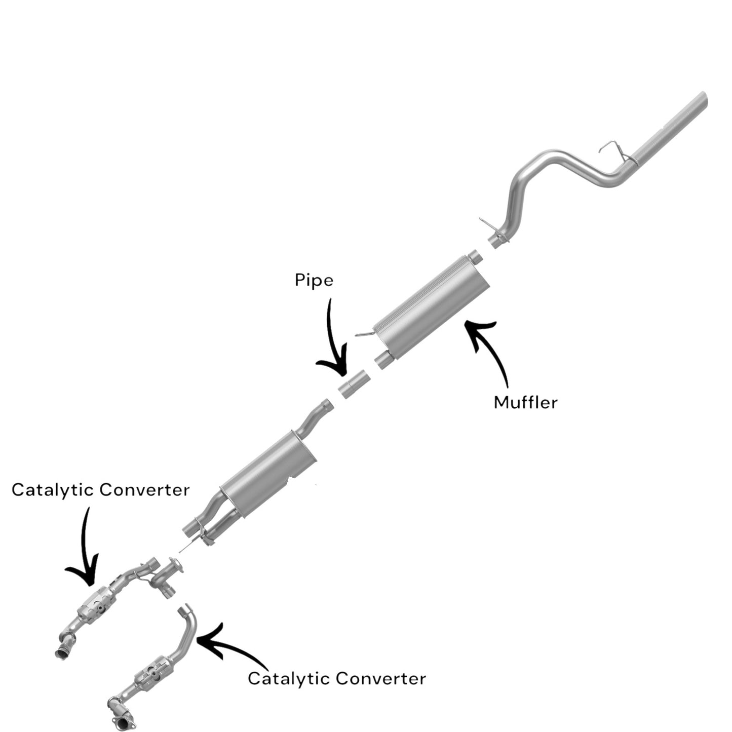 Ford F-350 Super Duty 6.2L (2011-2017) (Extended Cab Pickup) (Short Bed) Right And Left Side Catalytic Converter, Pipe And Muffler