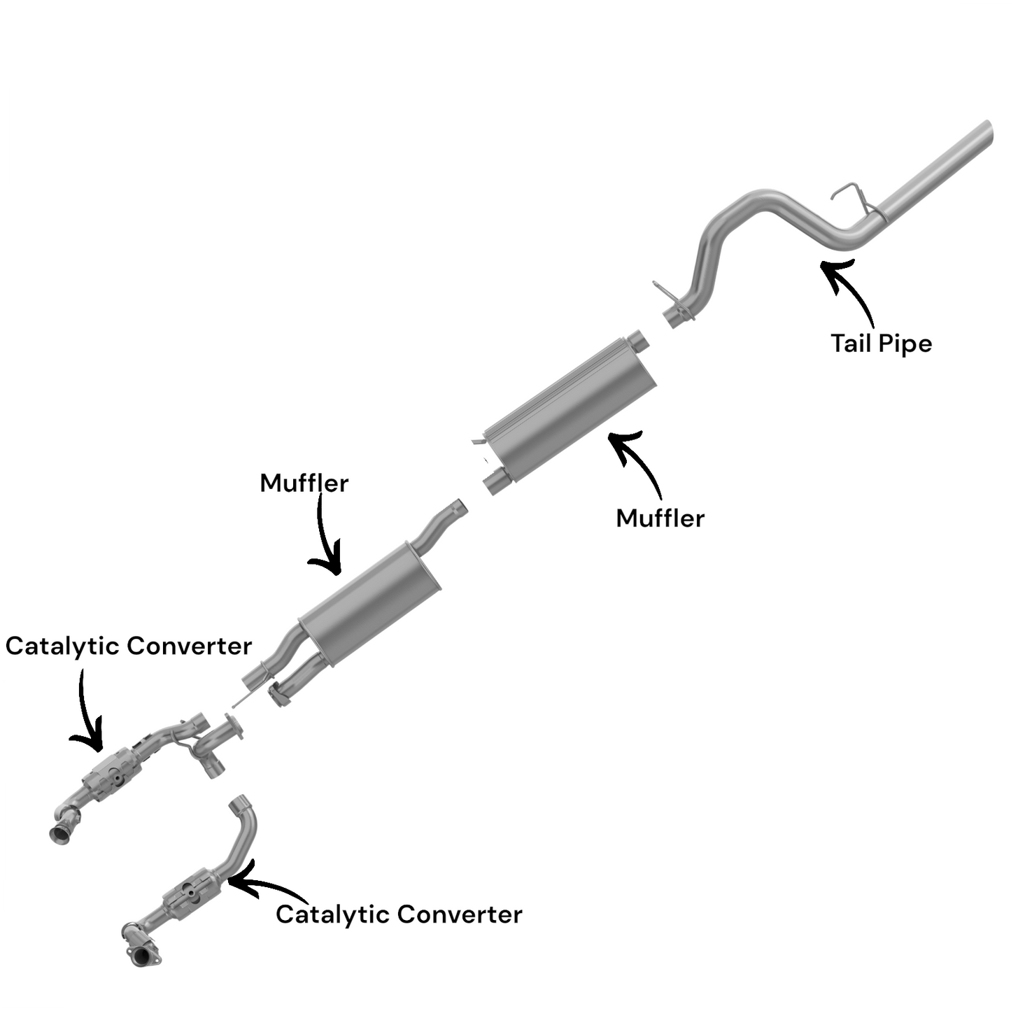 Ford F-350 Super Duty 6.2L (2011-2016) (Standard Cab Pickup) (Long Bend) Right And Left Side Catalytic Converter, Middle And Rear Muffler And Tail Pipe