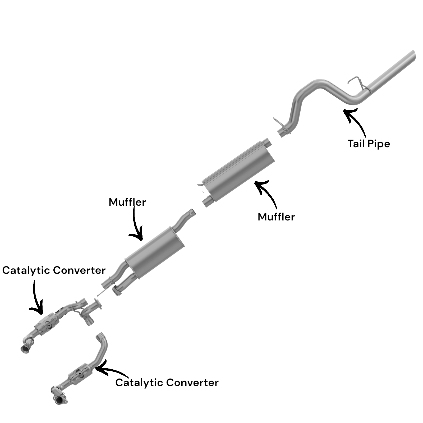 Ford F-350 Super Duty 6.2L (2011-2016) (Standard Cab Pickup) (Long Bend) Right And Left Side Catalytic Converter, Middle And Rear Muffler And Tail Pipe