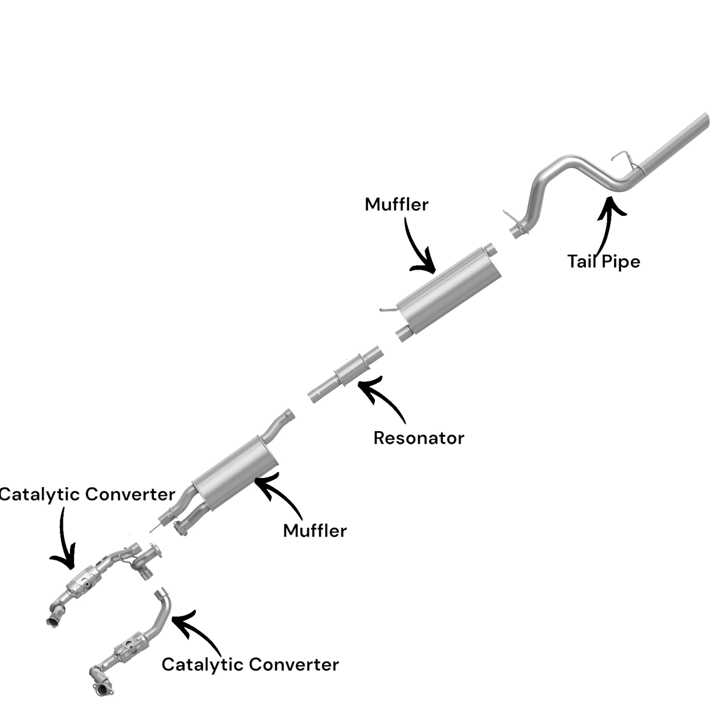 Ford F-350 Super Duty 6.2L (2011-2016) (Crew Cab Pickup) (Short Bend) Right And Left Side Catalytic Converter, Resonator, Muffler Set, And Tail Pipe