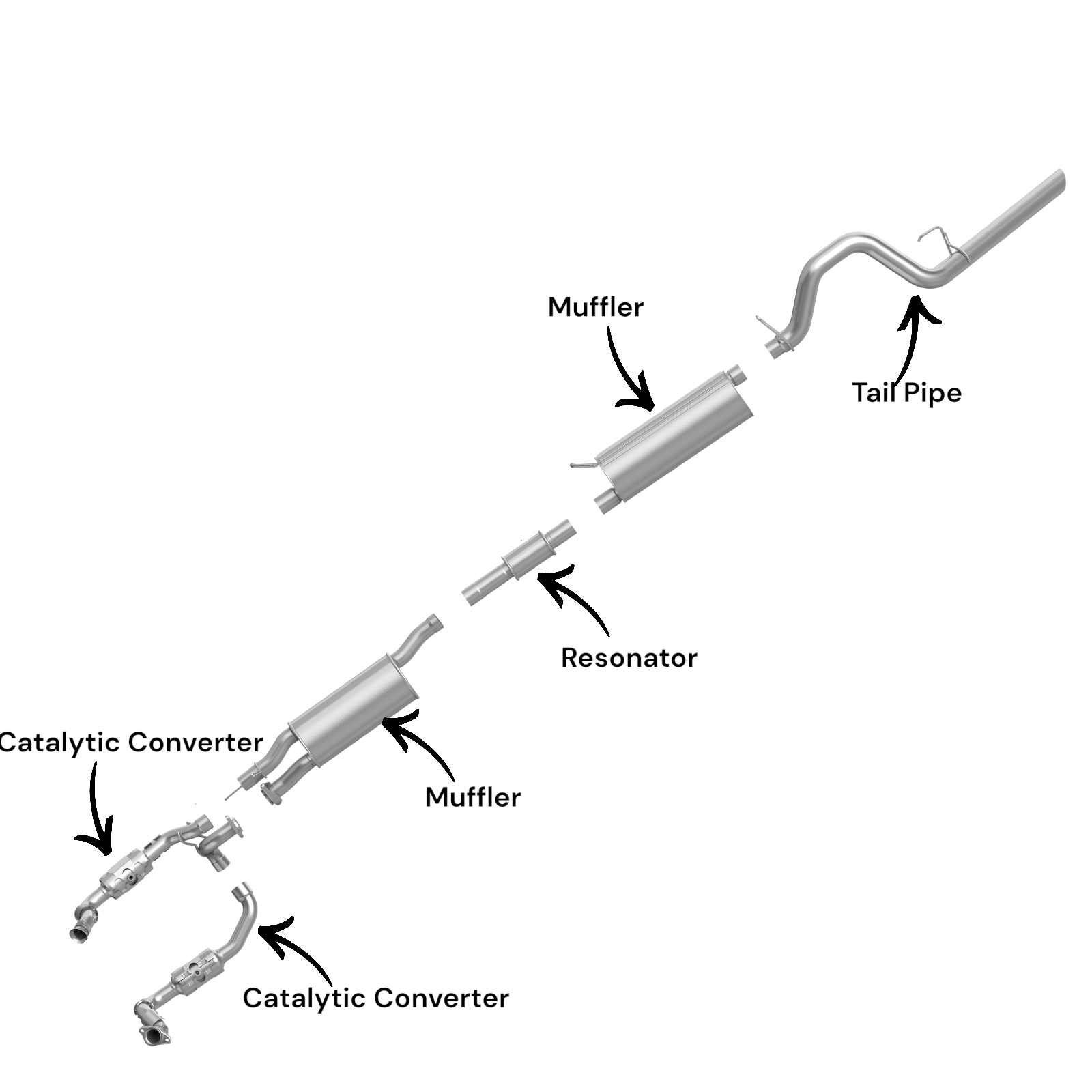Ford F-350 Super Duty 6.2L (2011-2016) (Crew Cab Pickup) (Short Bend) Right And Left Side Catalytic Converter, Resonator, Muffler Set, And Tail Pipe